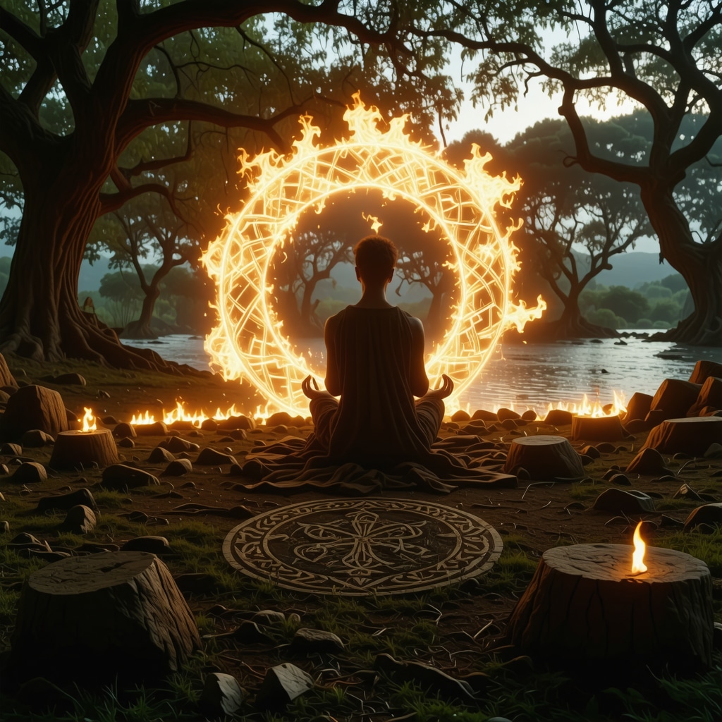 Person meditating in a glowing Celtic stone circle surrounded by fire, water, and oak trees at twilight
