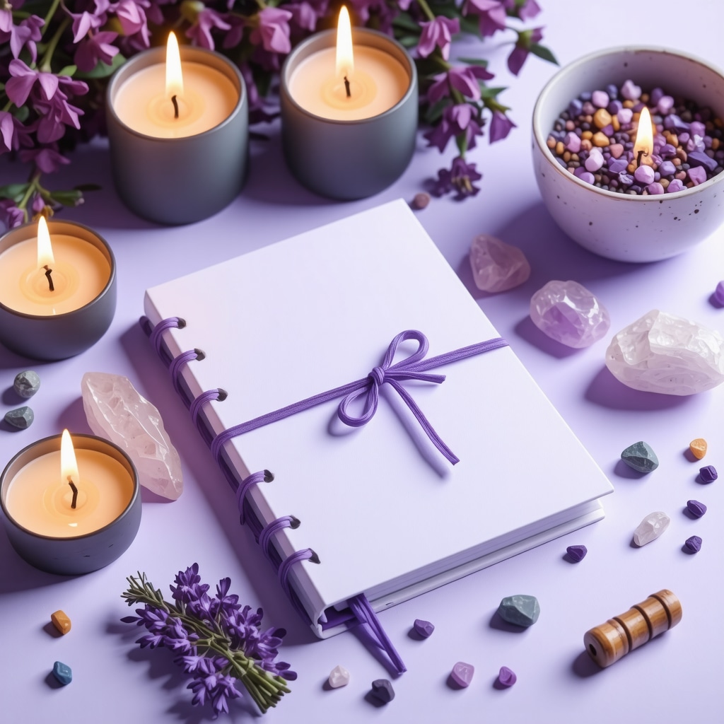A peaceful ritual arrangement with candles, crystals, herbs, journal, and mindfulness tools under violet lighting