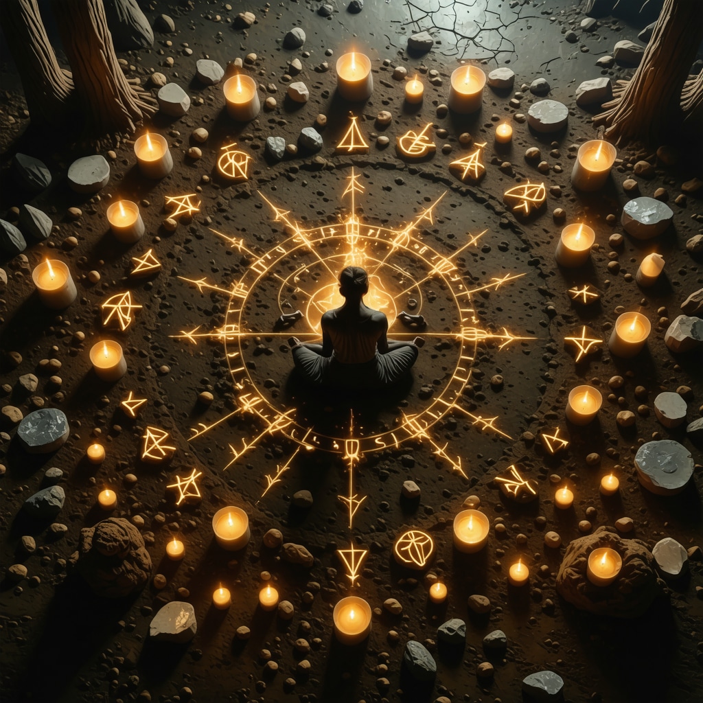 Person meditating inside a glowing Nordic rune circle surrounded by fire and crystals for spiritual ritual