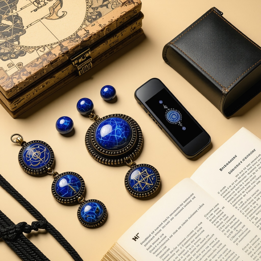Handcrafted lapis lazuli amulets, wearable biometric device, and meditation guidebook on traveler's desk