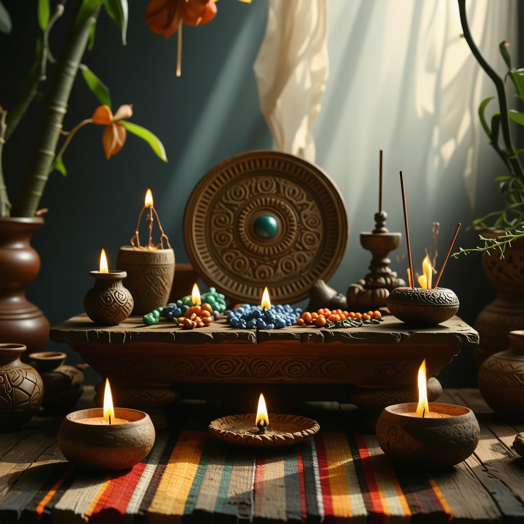 Altar mexicano con amuletos tradicionales y sahumerio de copal encendido, creando un ambiente espiritual y sereno