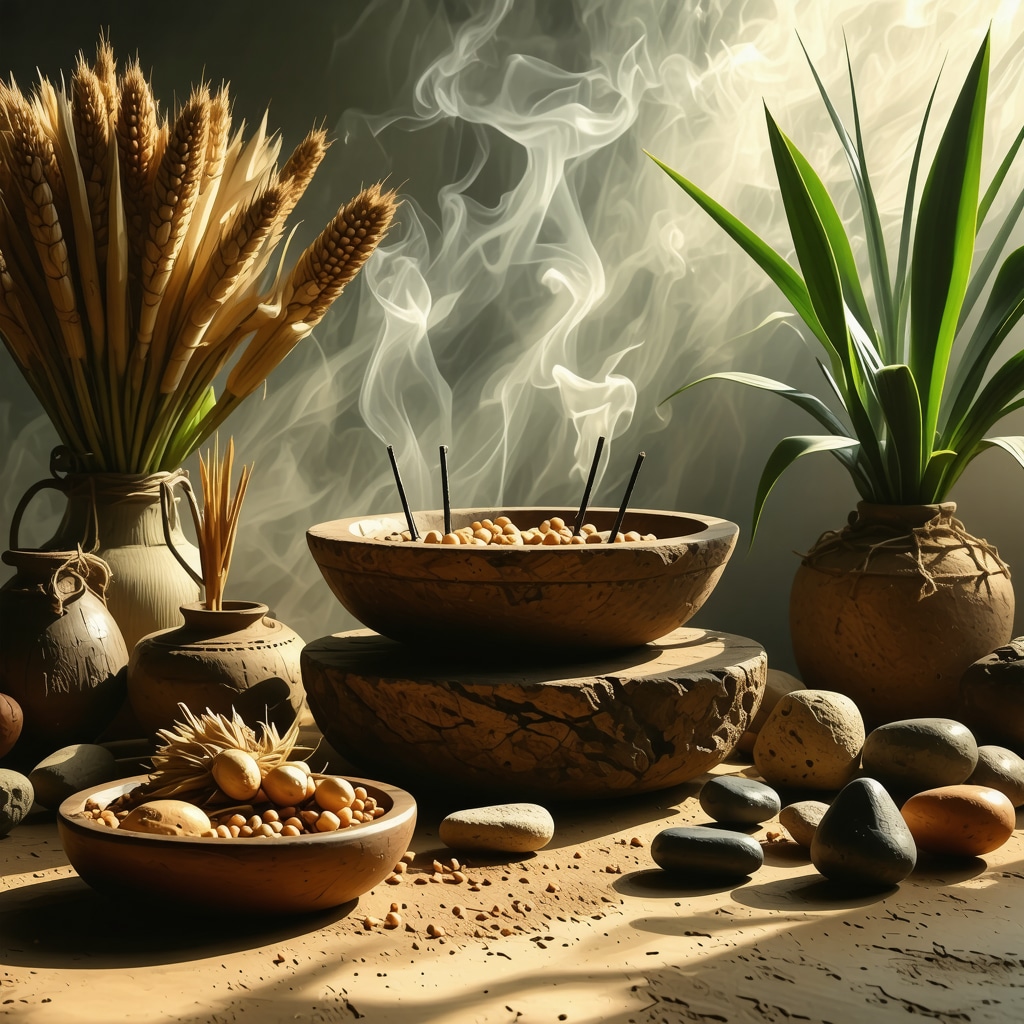 Altar con incienso de copal, mazorcas de maíz y plantas sagradas en un ambiente tranquilo