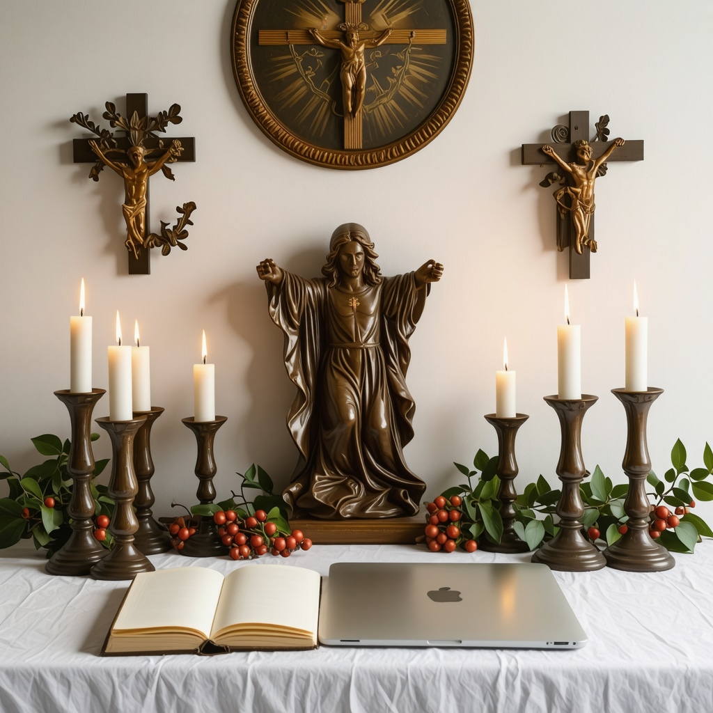 Altar en casa que combina símbolos cristianos tradicionales con objetos modernos para prosperidad y bienestar