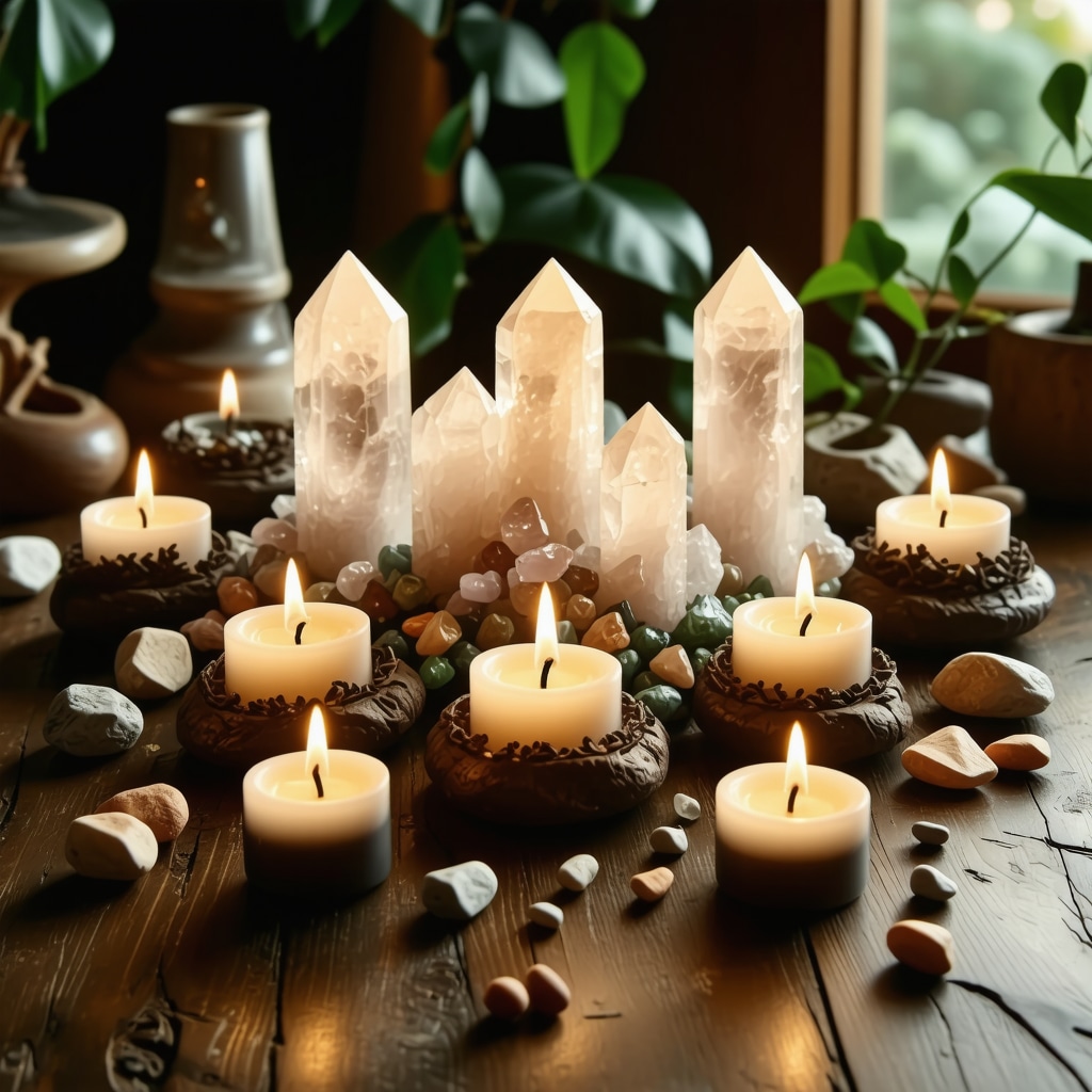 Altar con siete cristales y velas para rituales energéticos con números impares