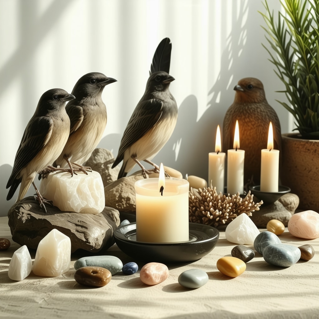 Altar espiritual con plumas, cristales y velas para conexión simbólica con aves
