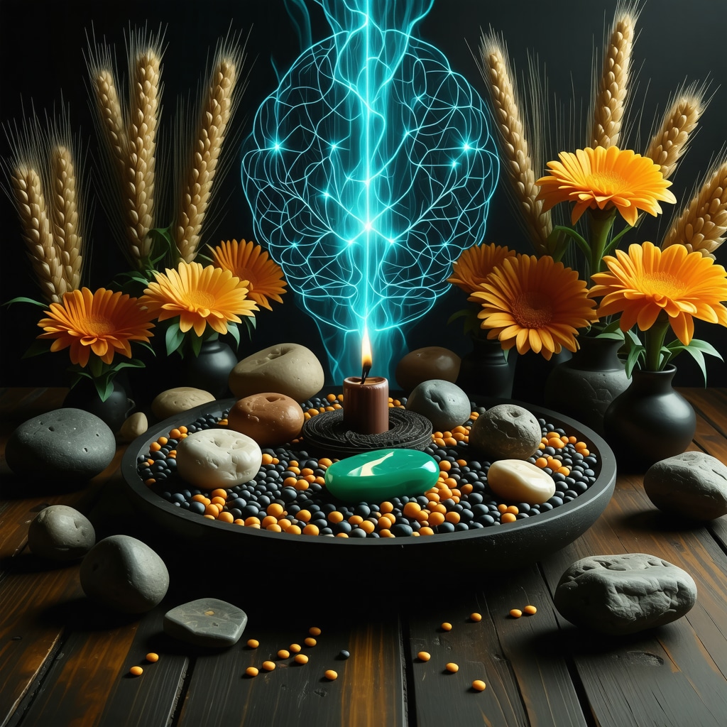 Altar moderno que integra elementos tradicionales mexicanos y tecnología neurocientífica para la manifestación de abundancia