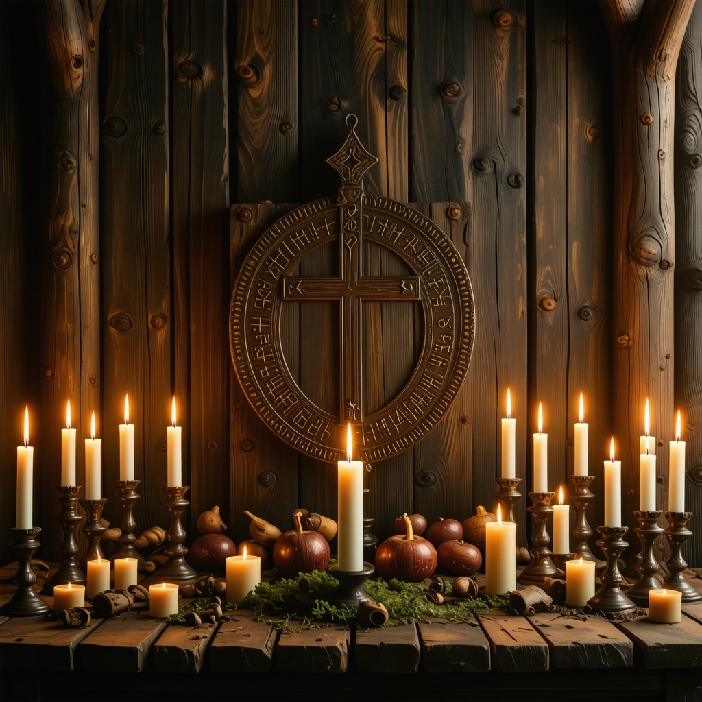 Altar tradicional alemán con símbolo Schutzkreuz y velas encendidas para protección espiritual