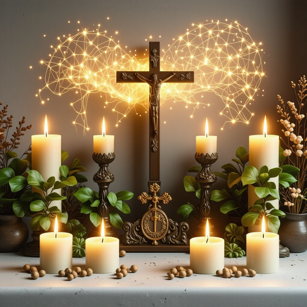 Altar con símbolos cristianos tradicionales iluminados y superposición de red neuronal que representa la conexión entre espiritualidad y neurociencia
