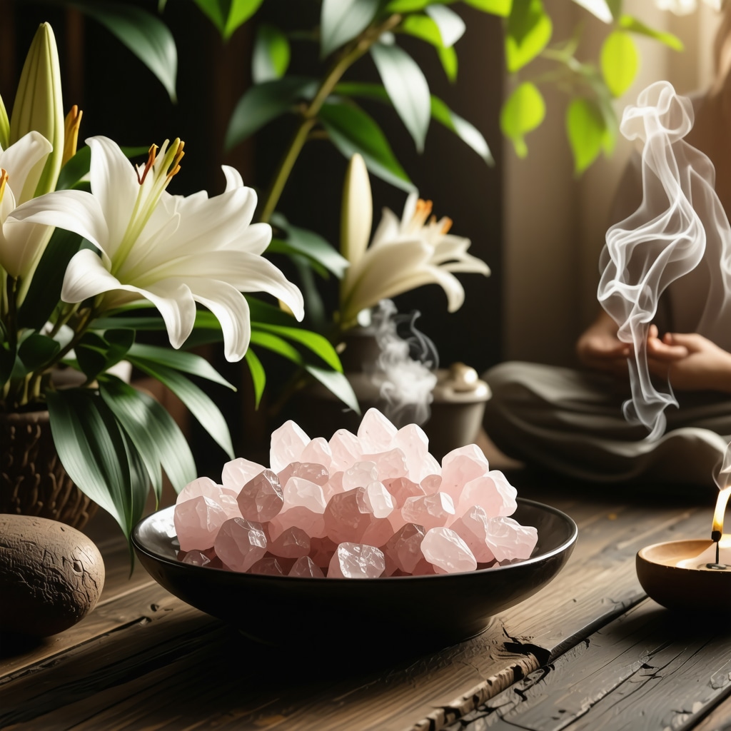 Altar con cristales, flores de primavera y humo de incienso con persona meditando