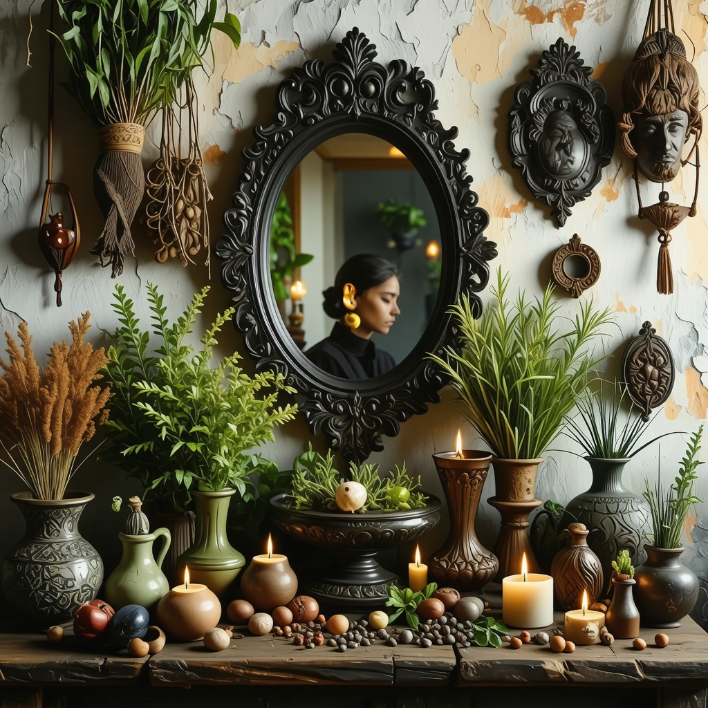 Altar cubano mostrando agüeros tradicionales con espejos y hierbas sagradas