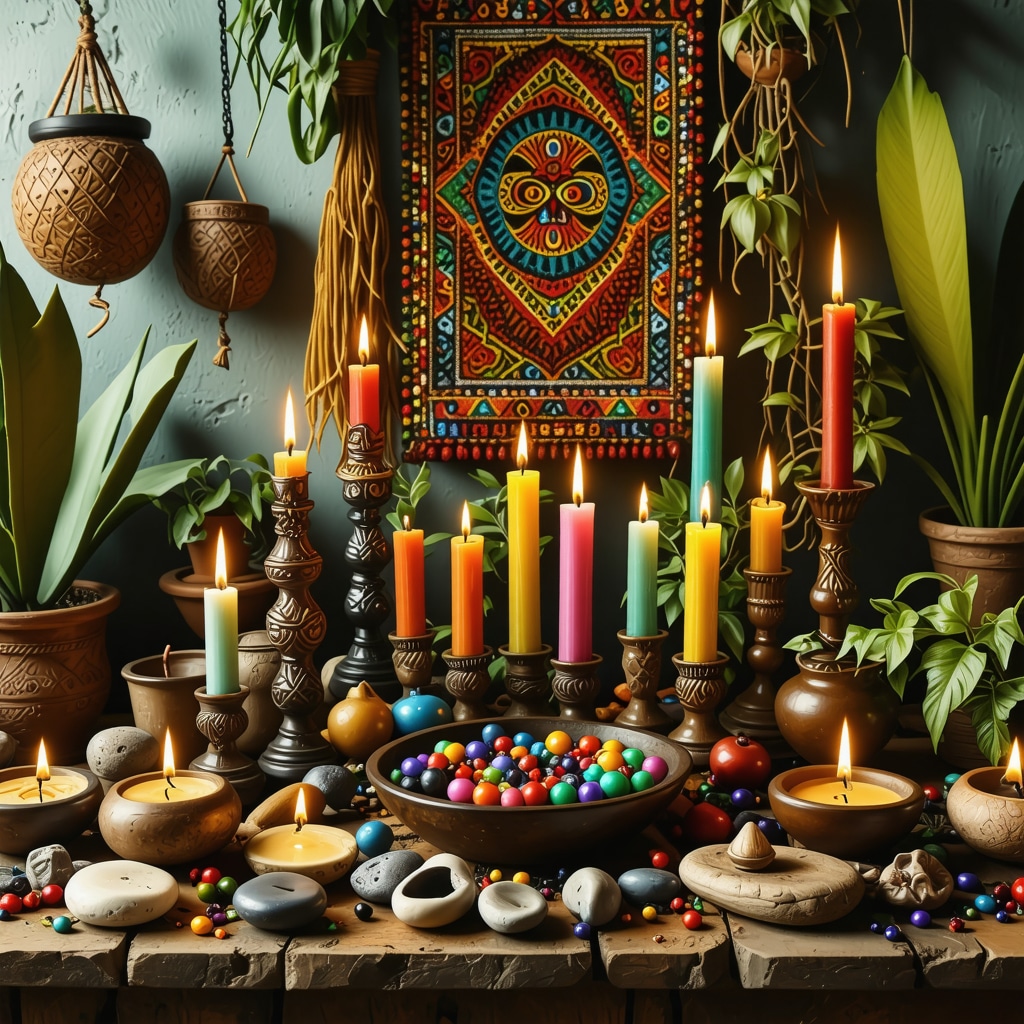 Altar mexicano con amuletos tradicionales, velas de colores y plantas sagradas