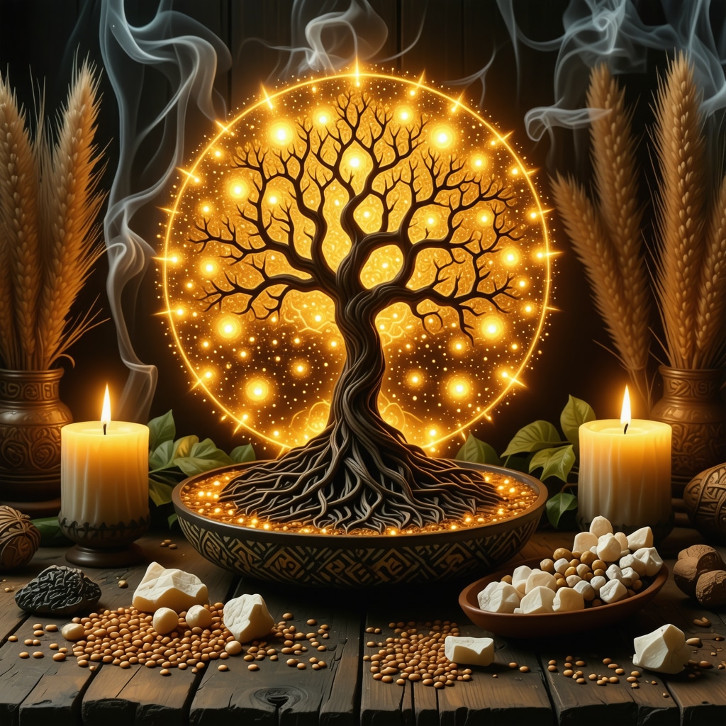 Altar mexicano con amuletos tradicionales y patrones geométricos fractales iluminados