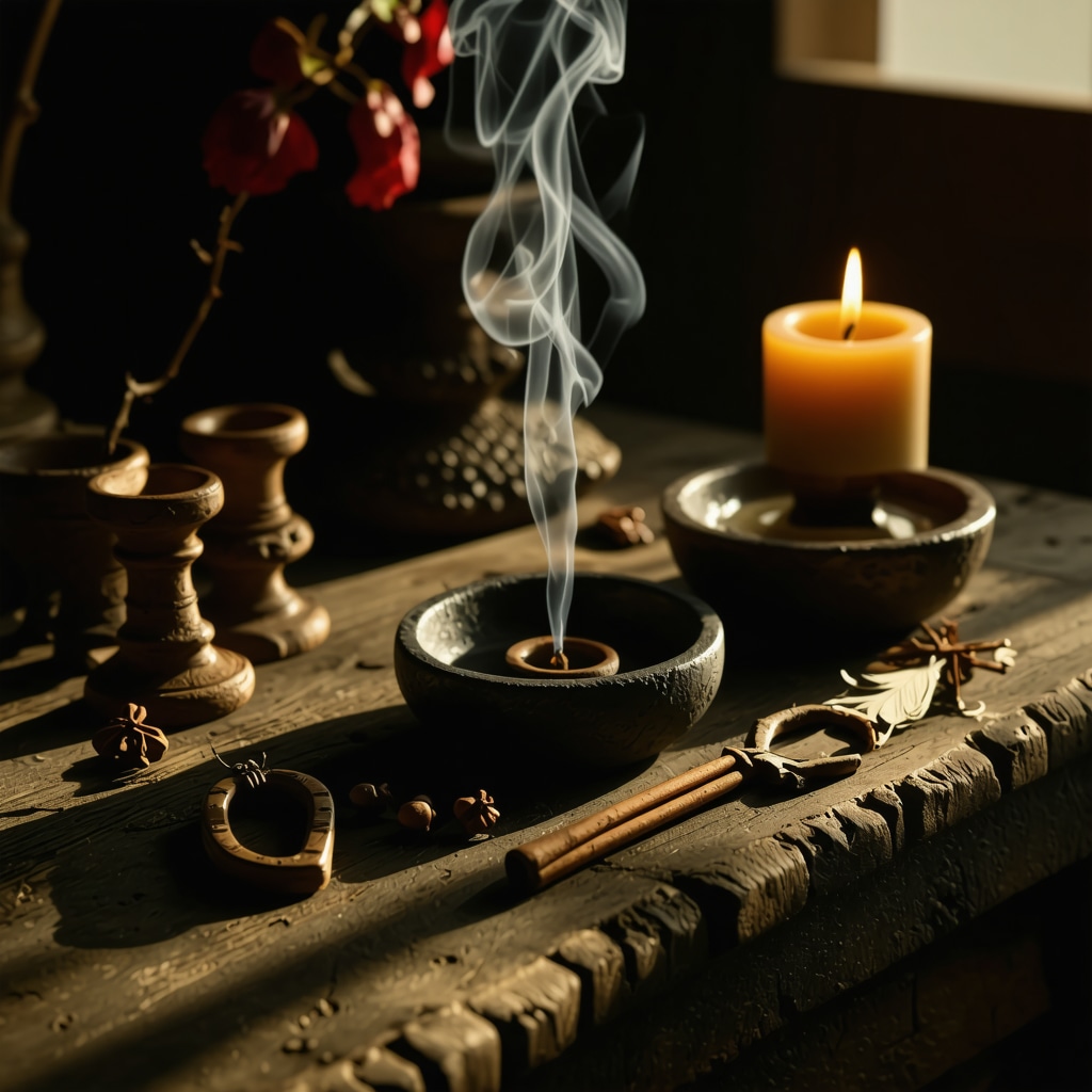 Altar featuring horseshoe, incense, cross pendant, feathers, and flowers symbolizing good luck and tradition