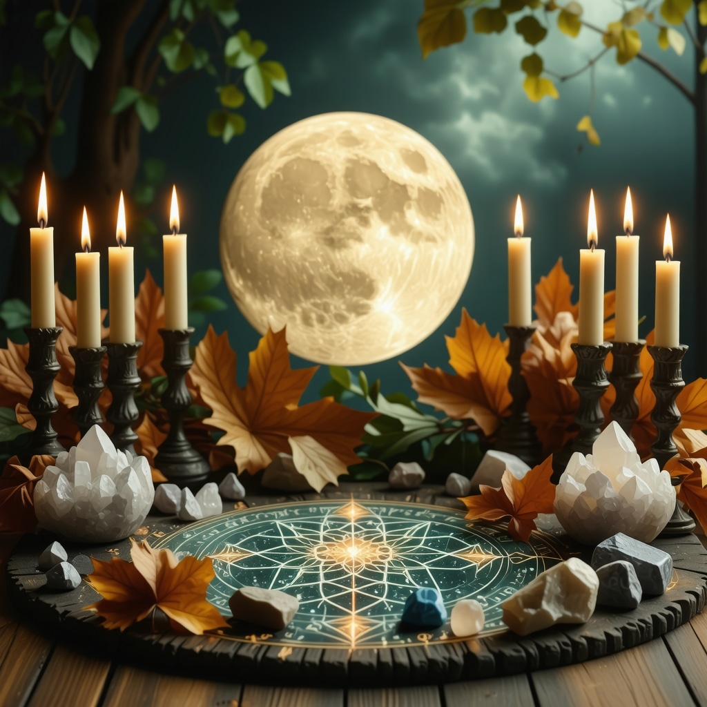 Altar decorated with sacred geometry symbols, candles, crystals, and autumn leaves under a full moon