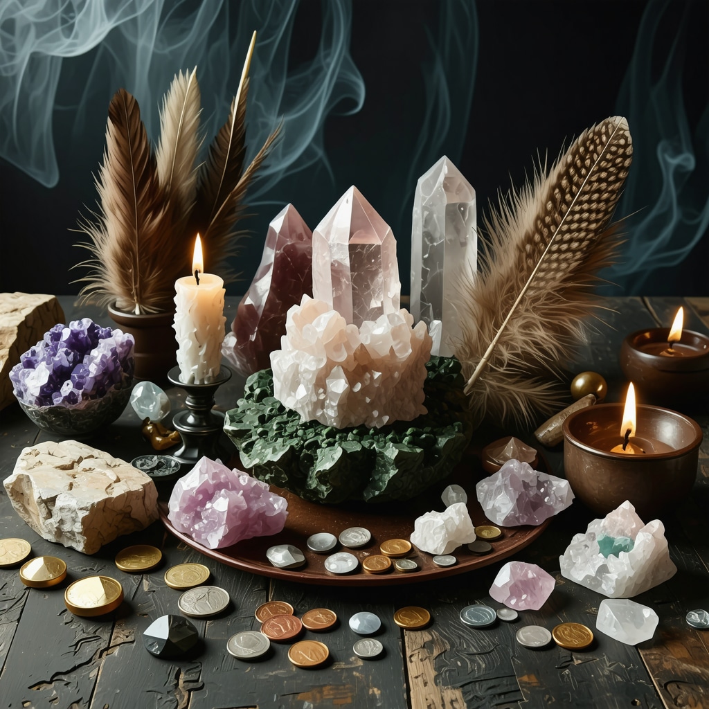 Altar displaying crystals, feathers, coins, and candles symbolizing spiritual and energetic connection