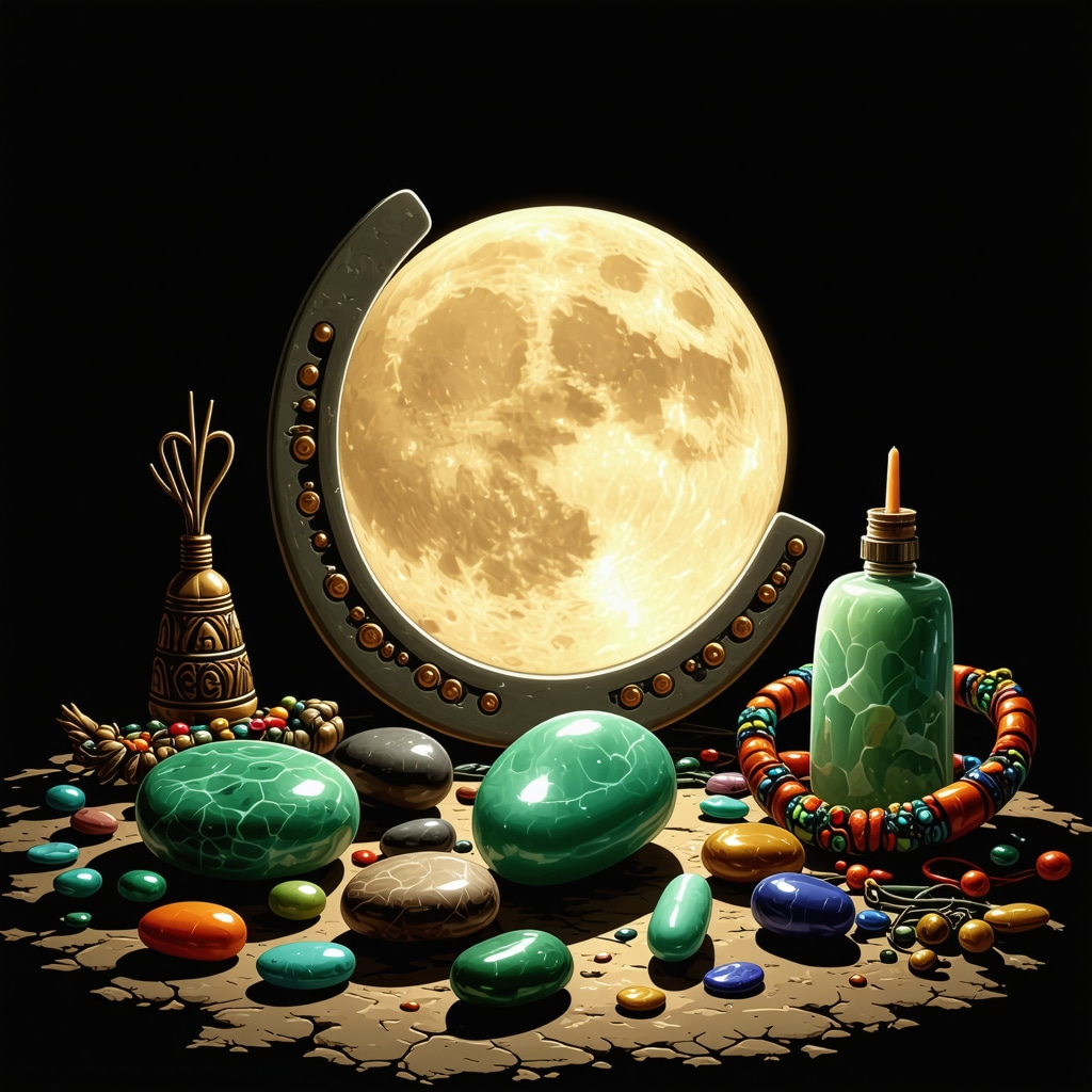 Ilustración de amuletos tradicionales hispanoamericanos y elementos rituales bajo la luna llena