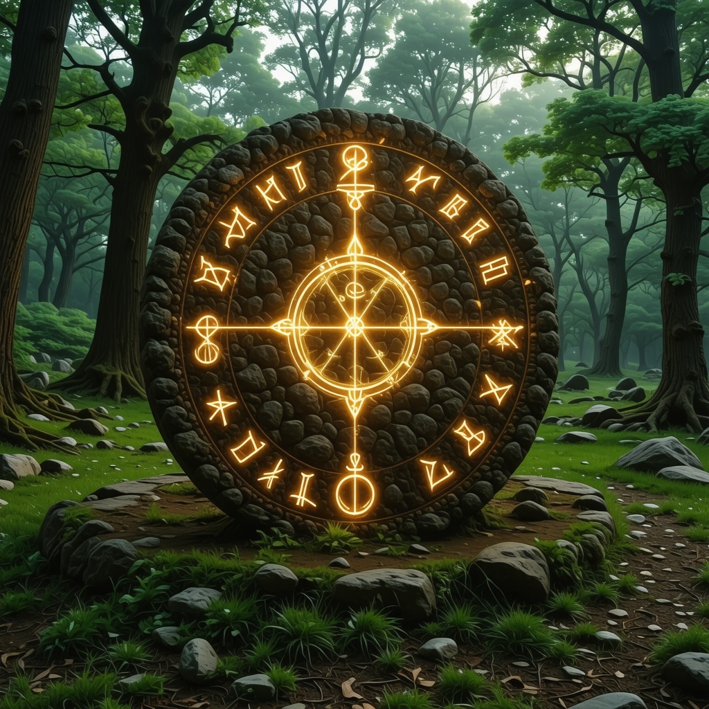 Celtic stone circle surrounded by glowing trisquel and ogham inscriptions symbolizing protection
