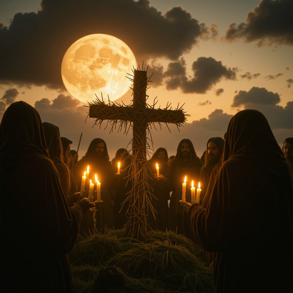People performing an ancient Irish ritual holding candles around a Brigid's Cross under a full moon with glowing Celtic symbols