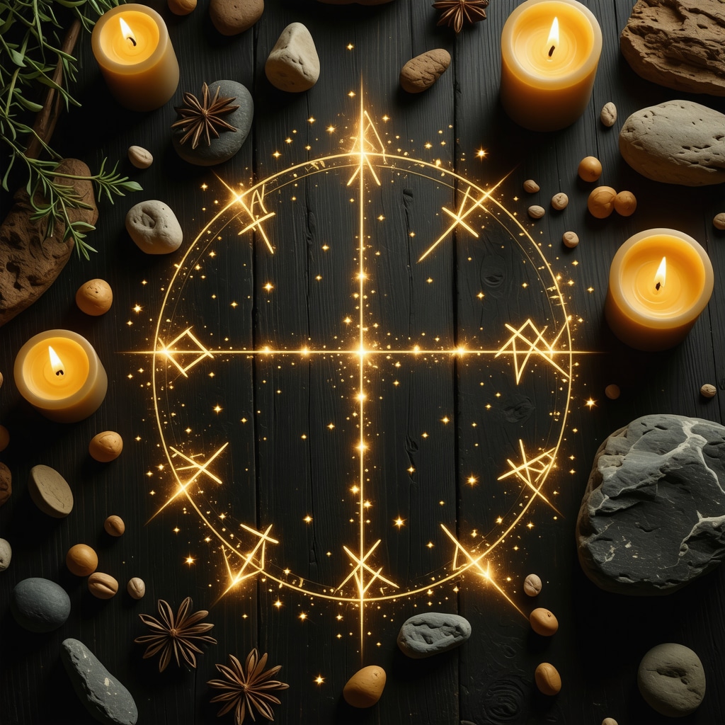 Glowing ancient Nordic runes on wooden table with candles and stones in a ritual setting