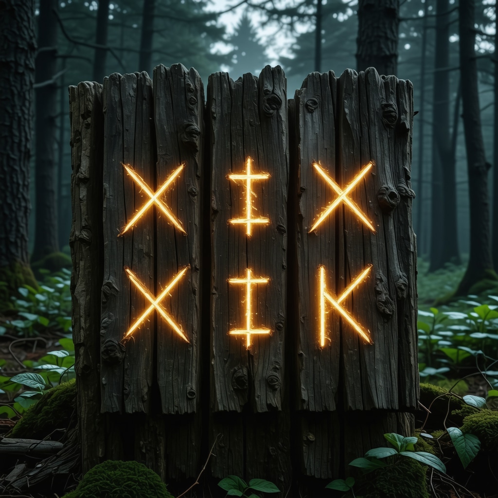 Weathered wooden Norse runes glowing mystically in a dark forest at twilight