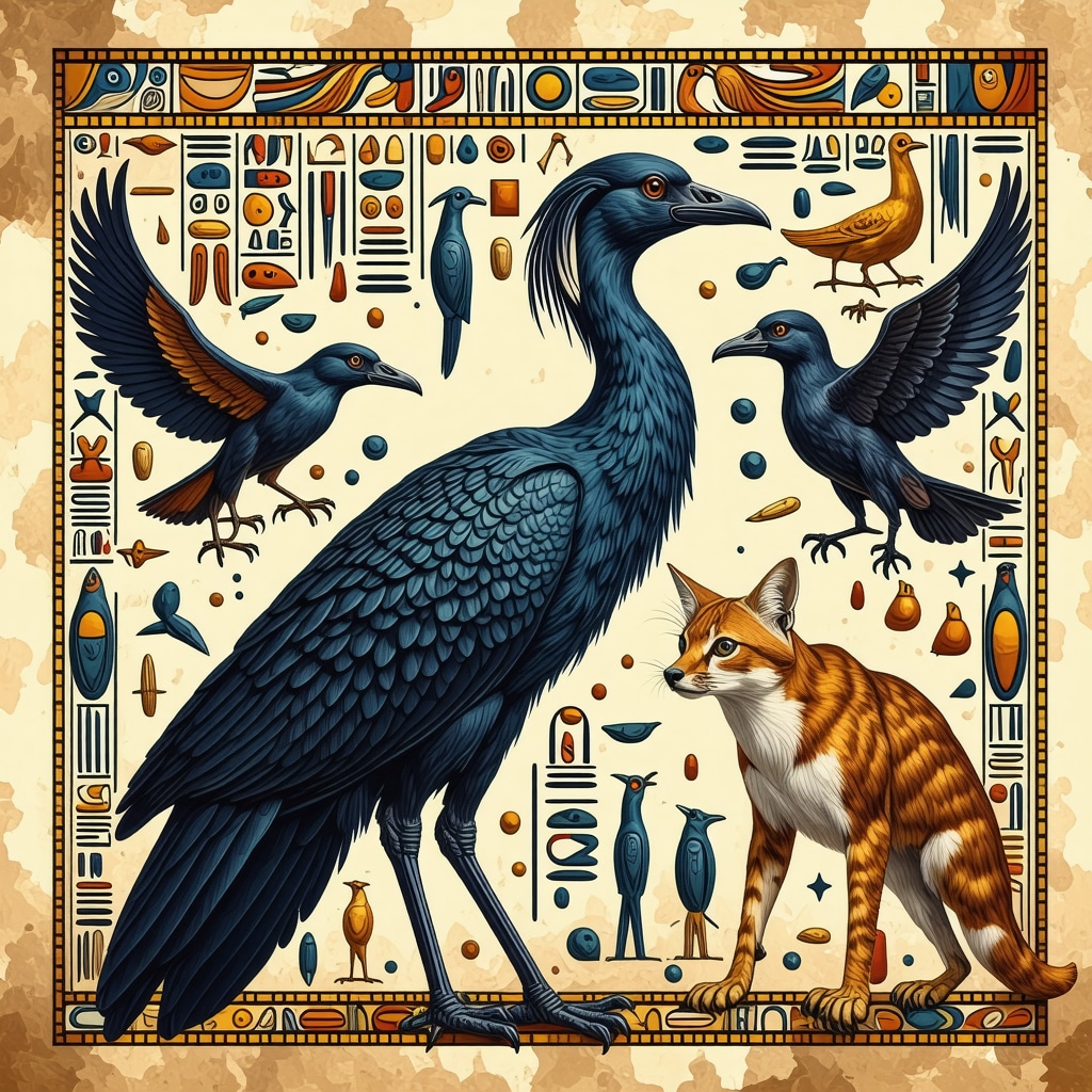 Ilustración de animales sagrados egipcios combinados con jeroglíficos