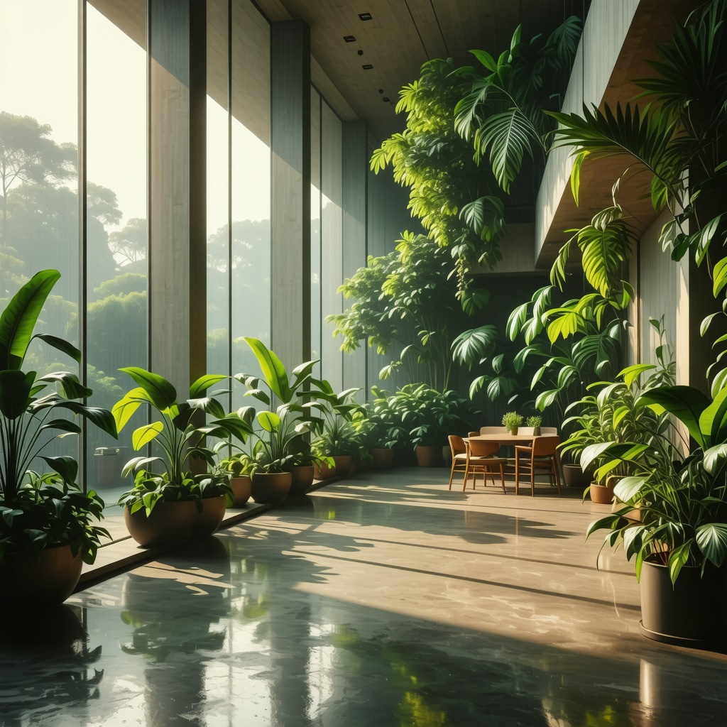 Espacio arquitectónico iluminado naturalmente con ventilación cruzada y plantas interiores