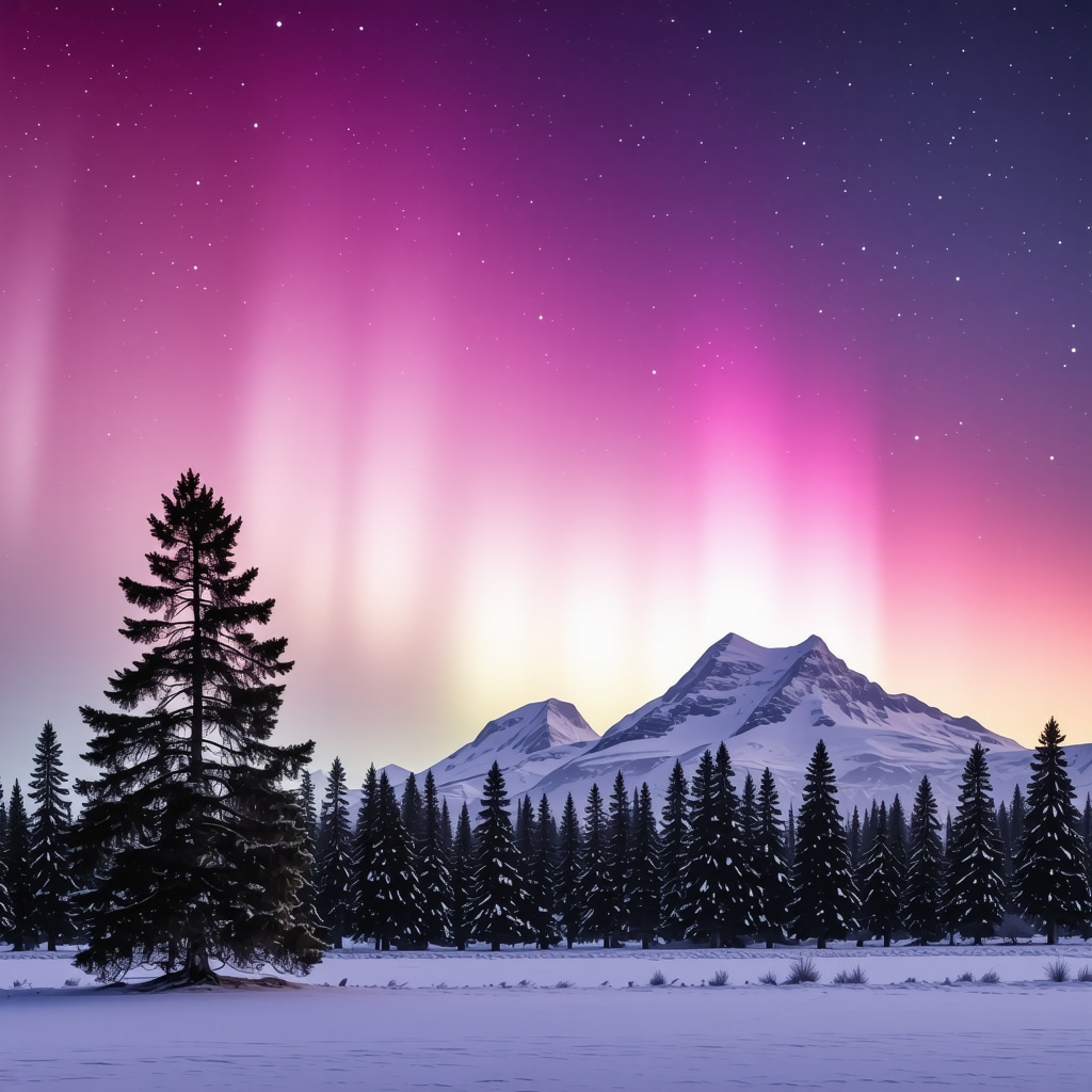 Aurora boreal vibrante iluminando el cielo nocturno sobre un paisaje nórdico con árboles y montañas