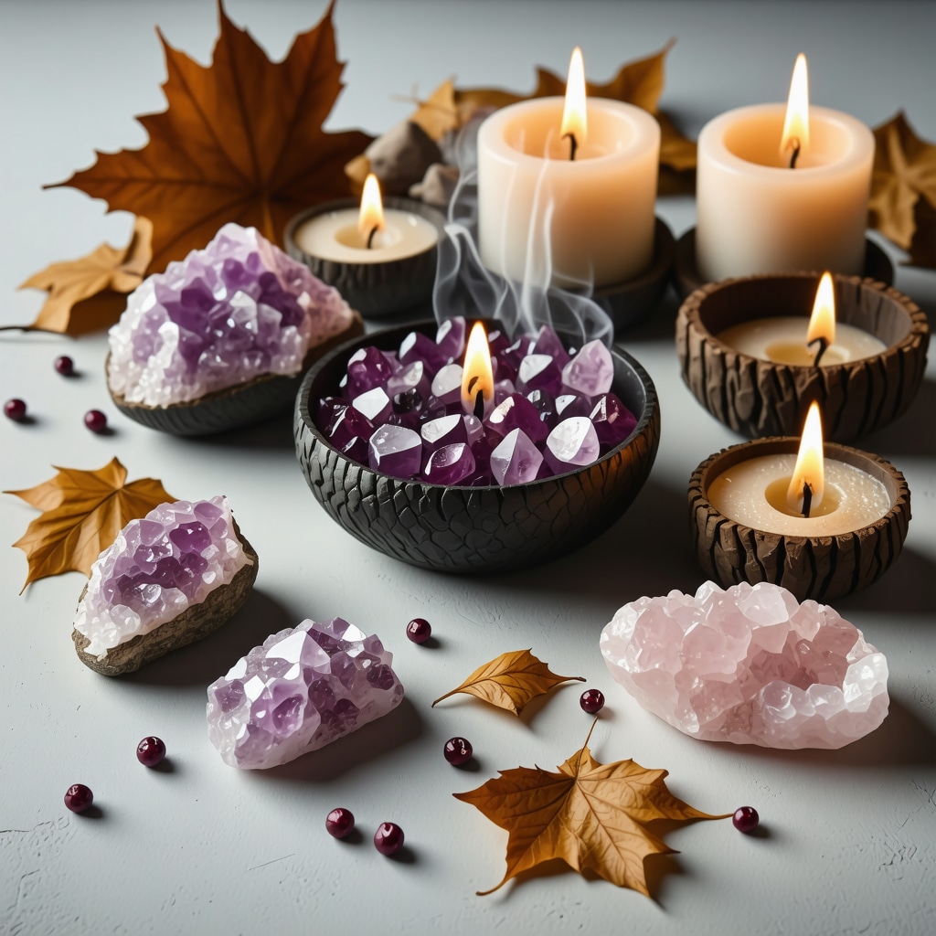Altar with autumn leaves, crystals, incense and personal symbolic objects for October rituals