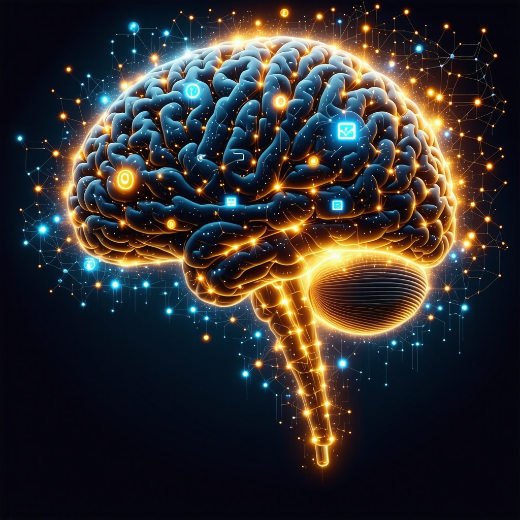 Digital illustration of a brain with dream symbols and AI neural network overlays representing advanced dream interpretation