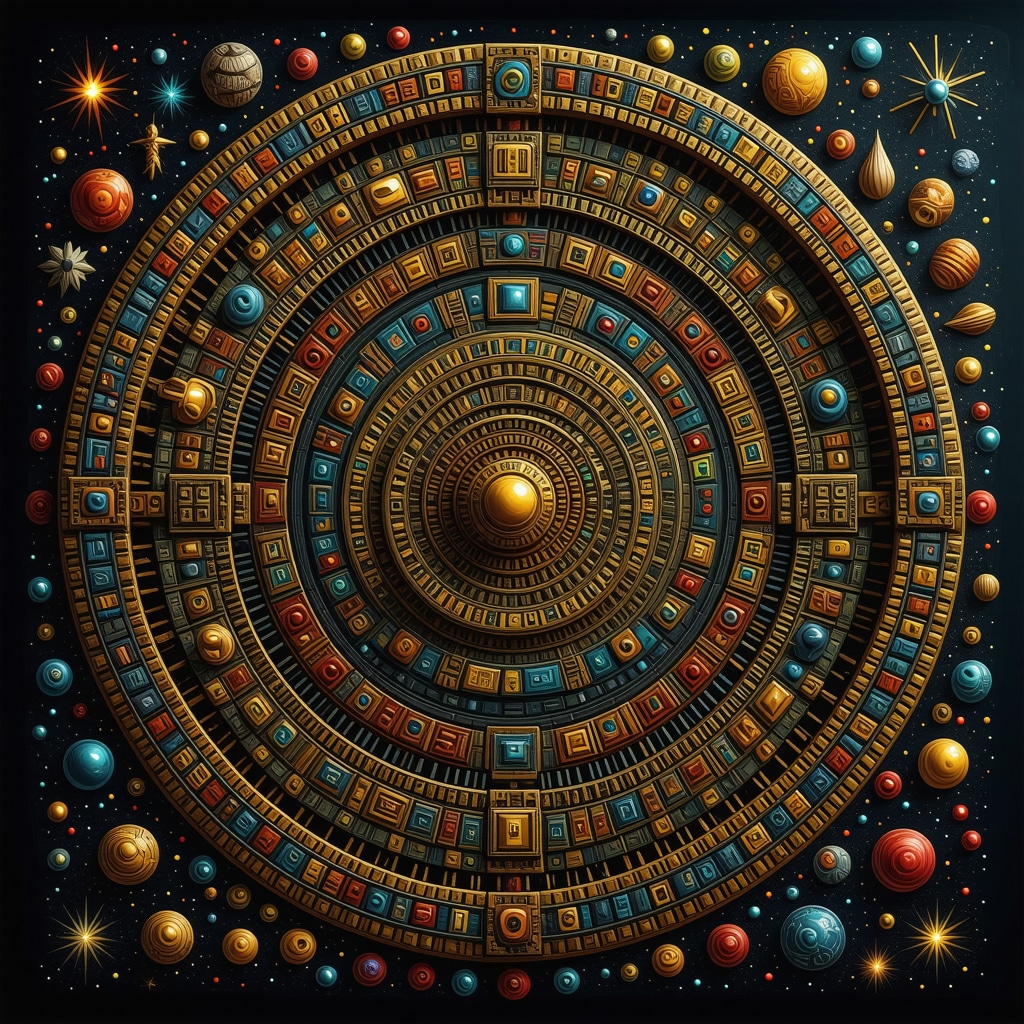 Ilustración detallada del calendario Tzolk'in maya con símbolos cósmicos y elementos de negocios modernos