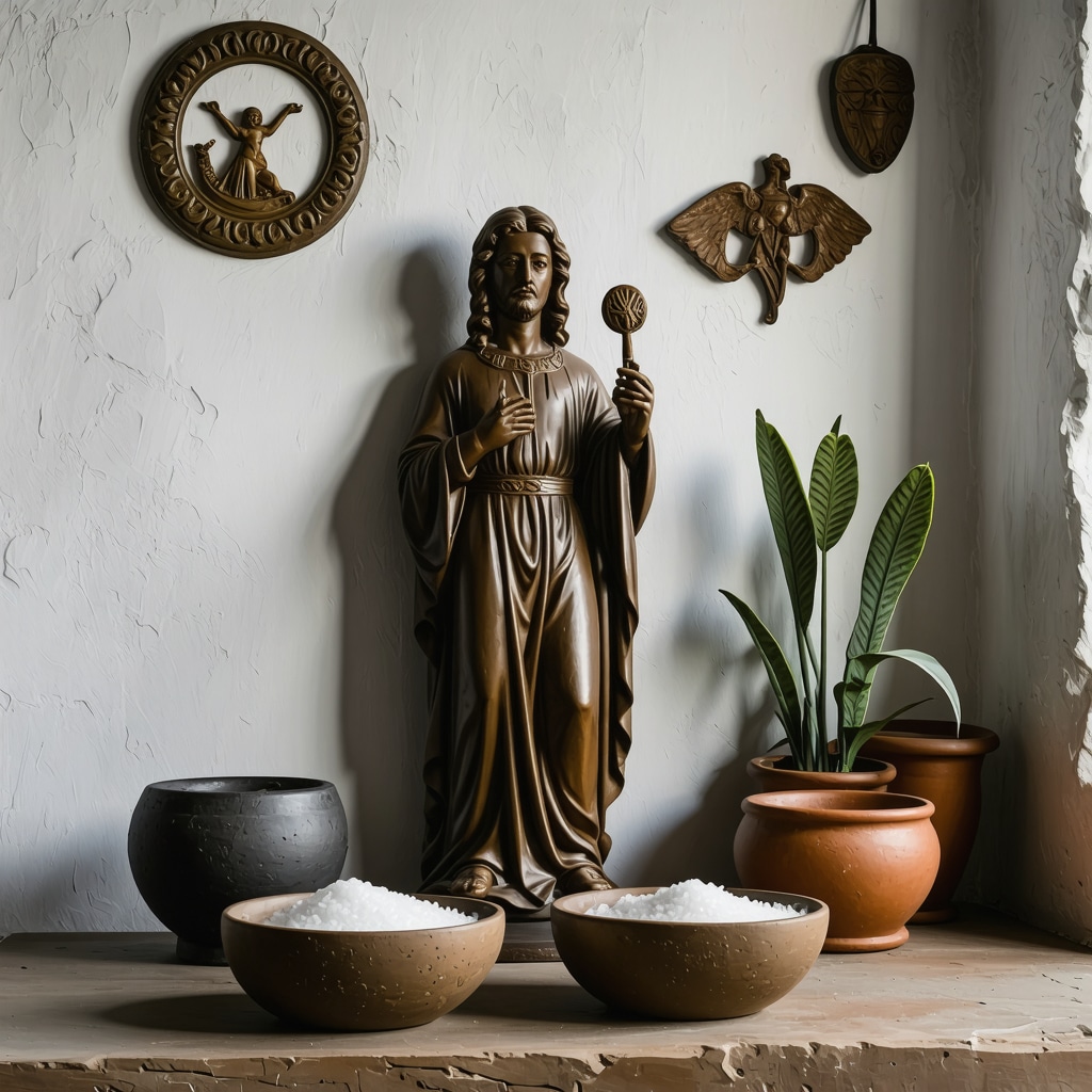 Interior de hogar puertorriqueño con símbolos protectores tradicionales y decoración contemporánea