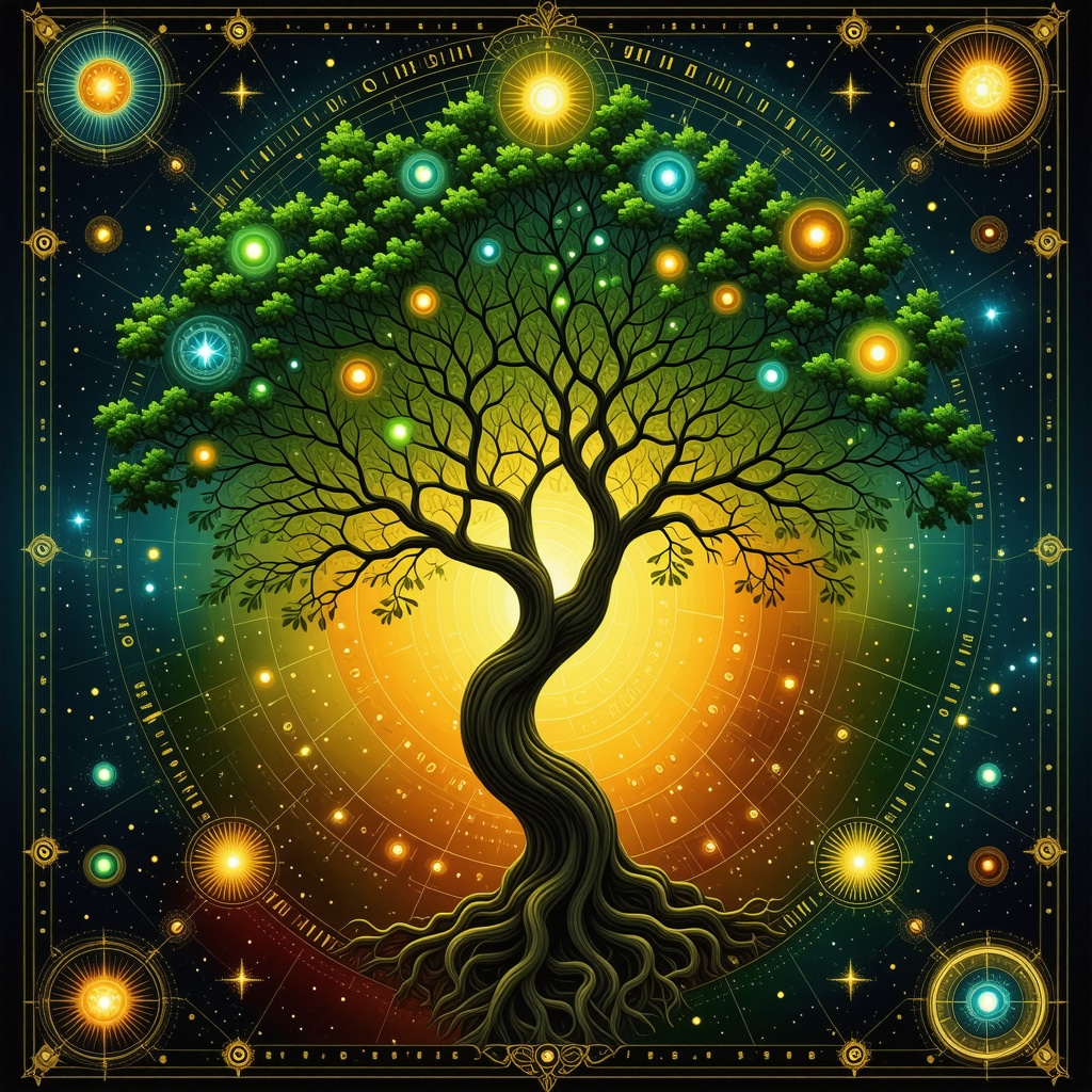 Artistic representation of the Ceiba tree connecting spiritual realms with folklore symbols and modern technology elements.