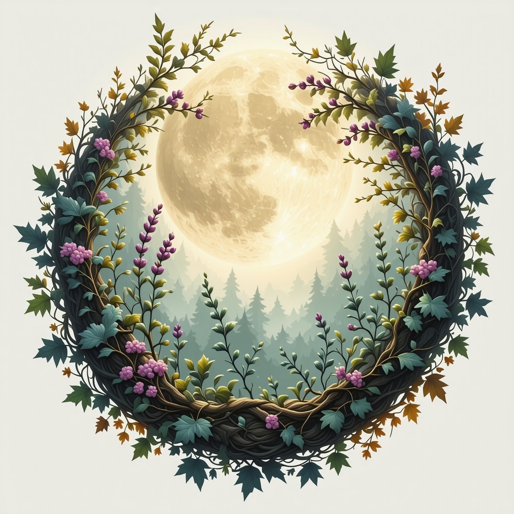 Illustration of a Celtic ritual circle surrounded by Scottish plants illuminated by moonlight