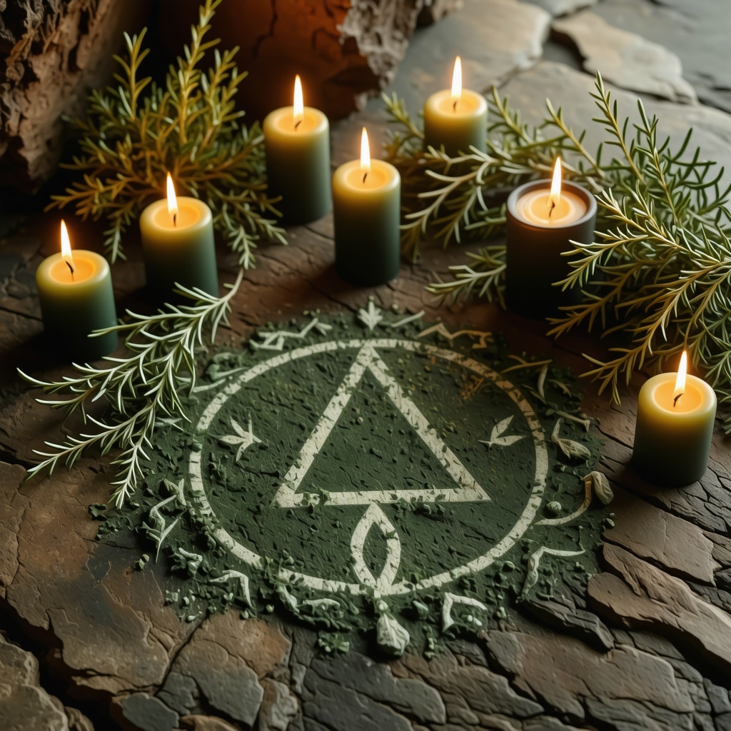 Celtic ritual scene featuring trisquel symbol surrounded by sacred herbs and candles at twilight, illustrating spiritual energy and protection