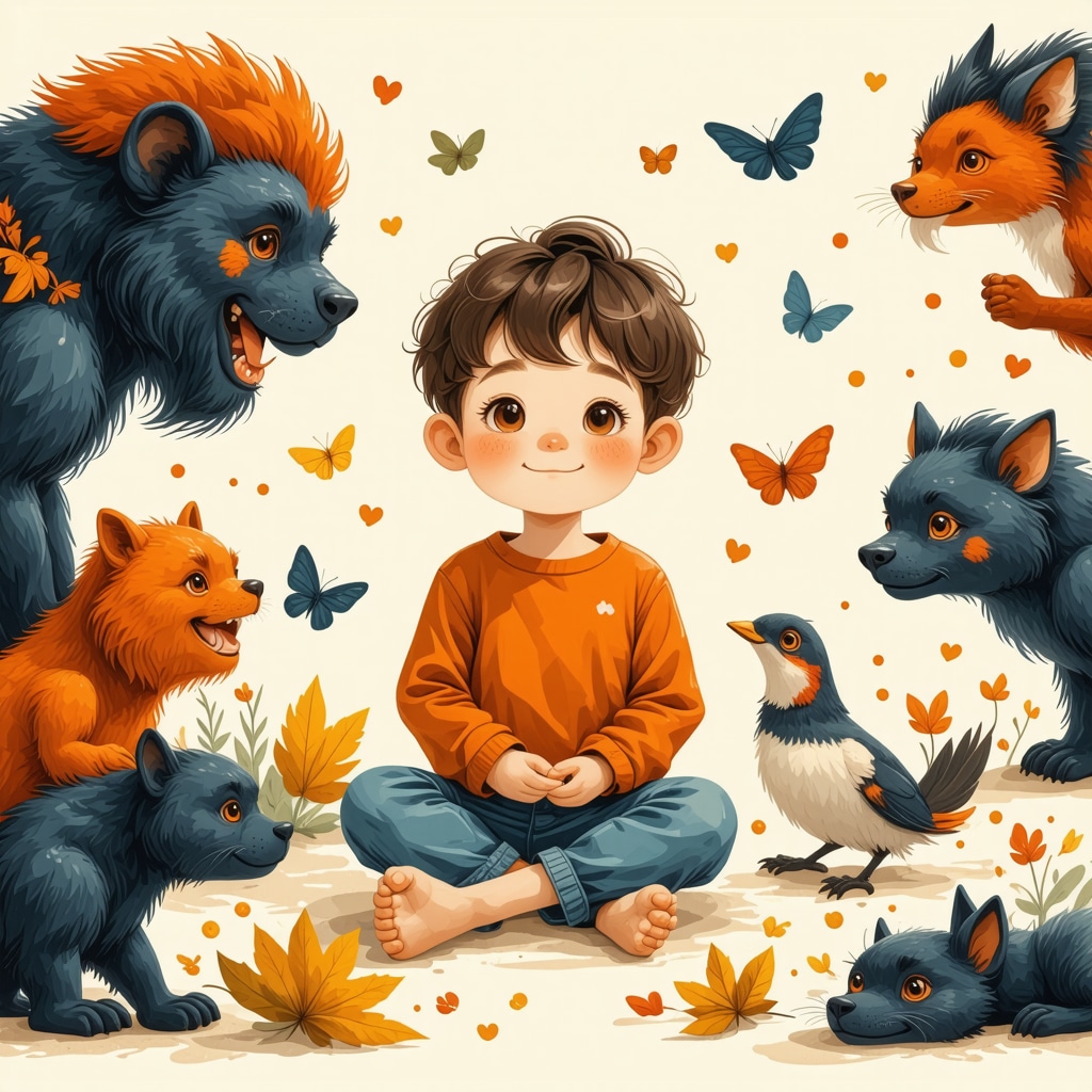 Child calmly interacting with symbolic folkloric creatures representing cultural legends