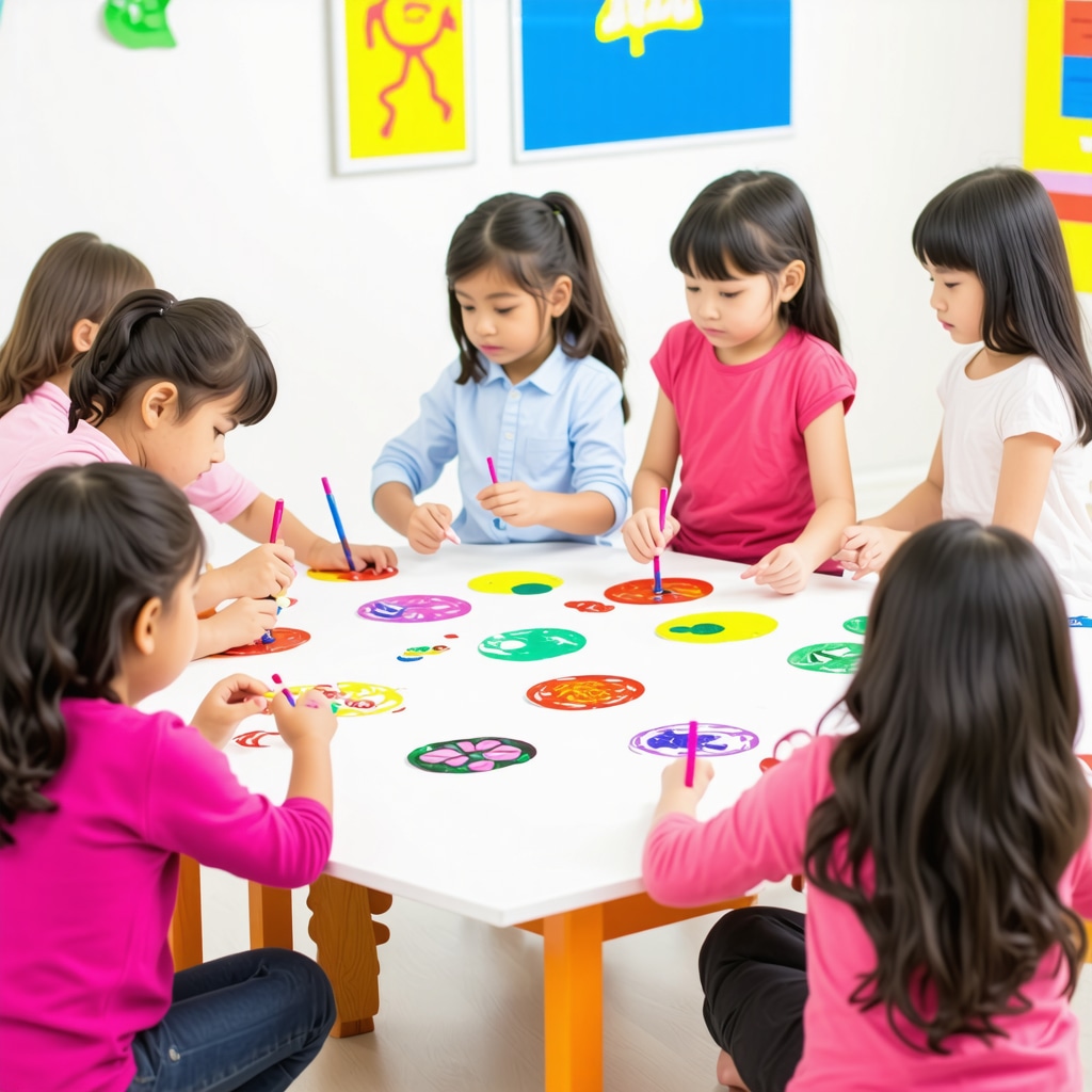 Children actively participating in a classroom workshop creating positive superstition symbols merging cultural and neuroscientific elements