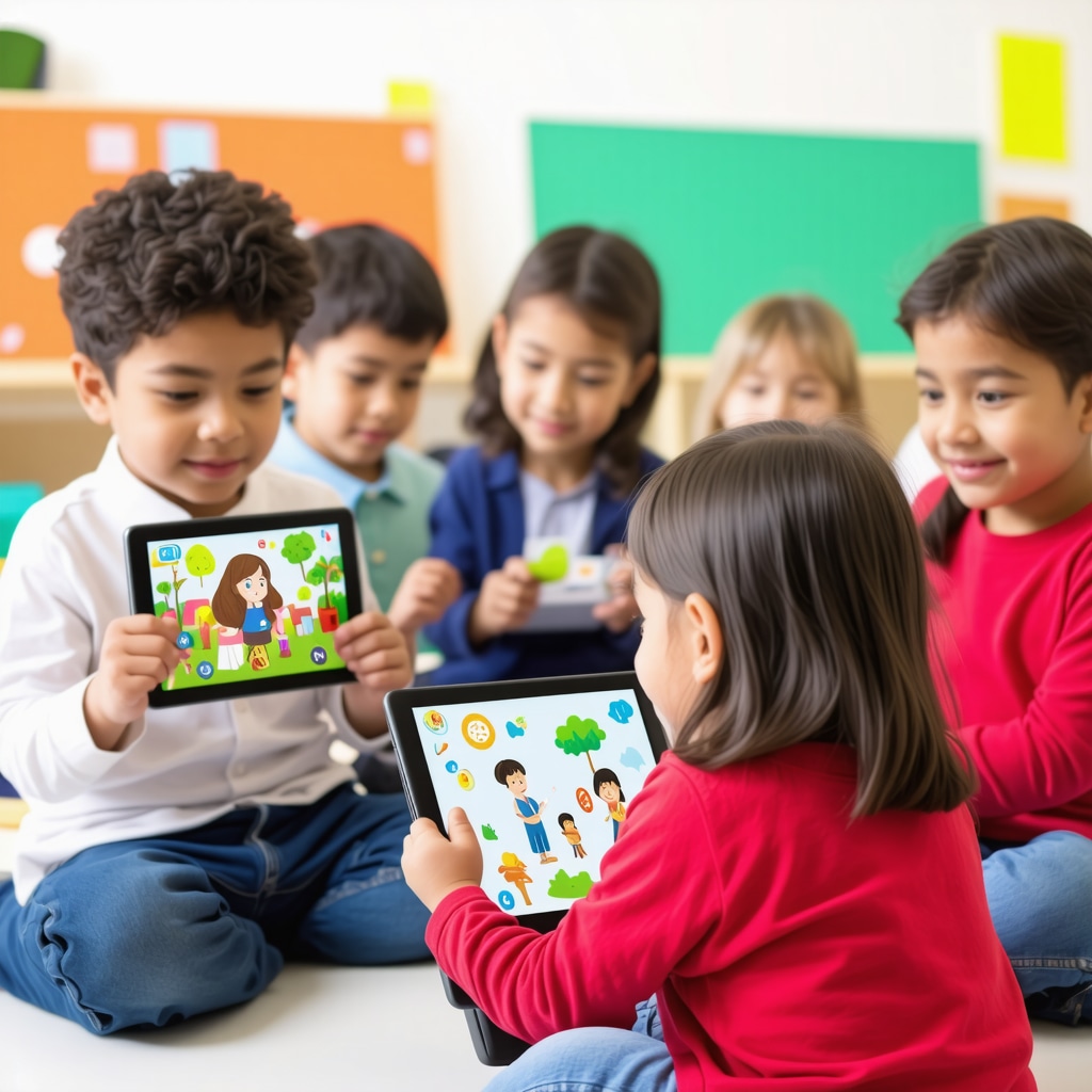 Children using augmented reality tablets to learn about cultural superstitions in an educational setting