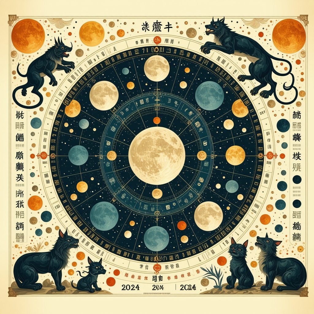 Illustration of Chinese lunar calendar showing moon phases and zodiac symbols for 2024