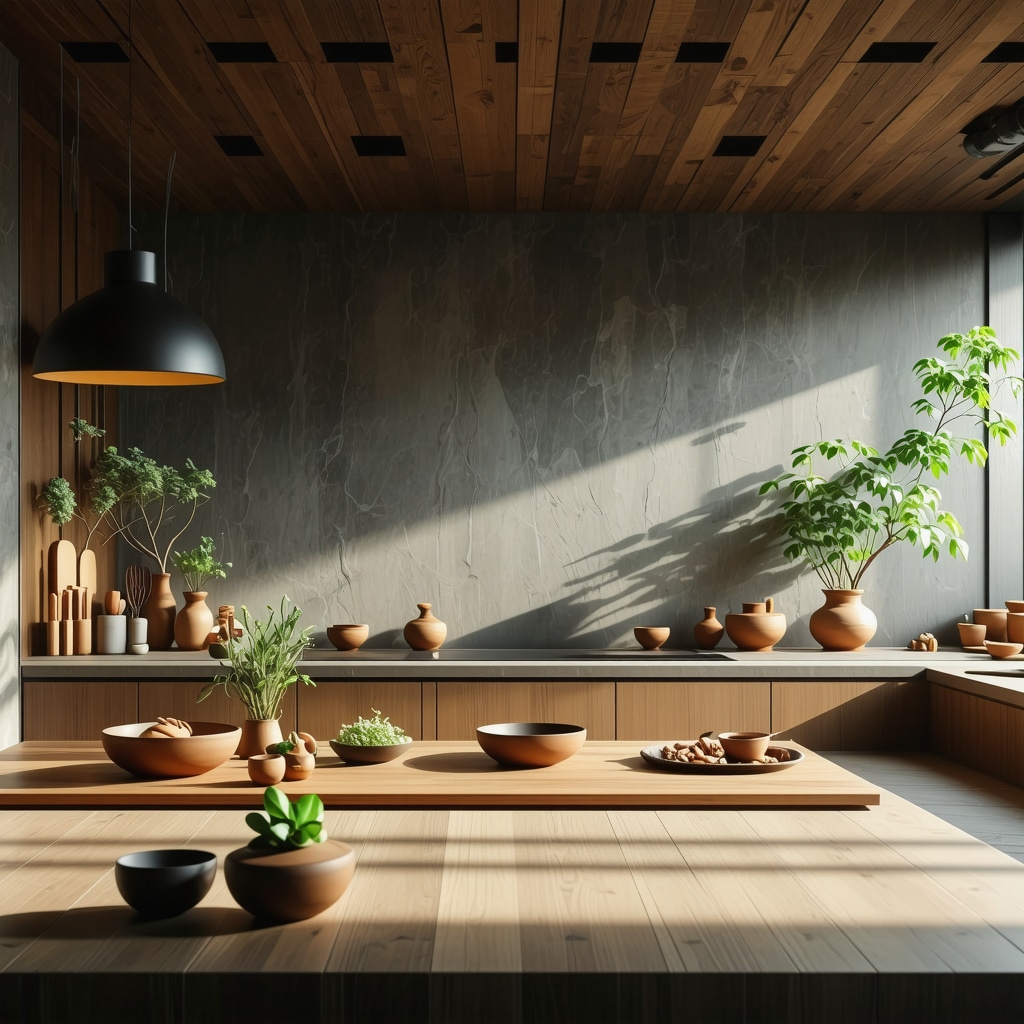 Interior de cocina moderna con materiales naturales, iluminación cálida y elementos rituales para la prosperidad