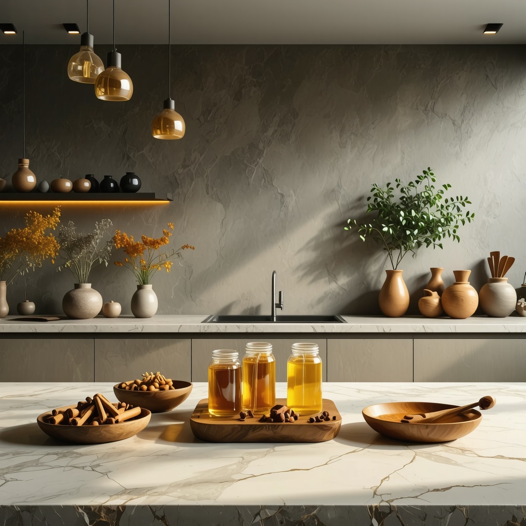Diseño de cocina con geometría sagrada, materiales naturales y símbolos de prosperidad
