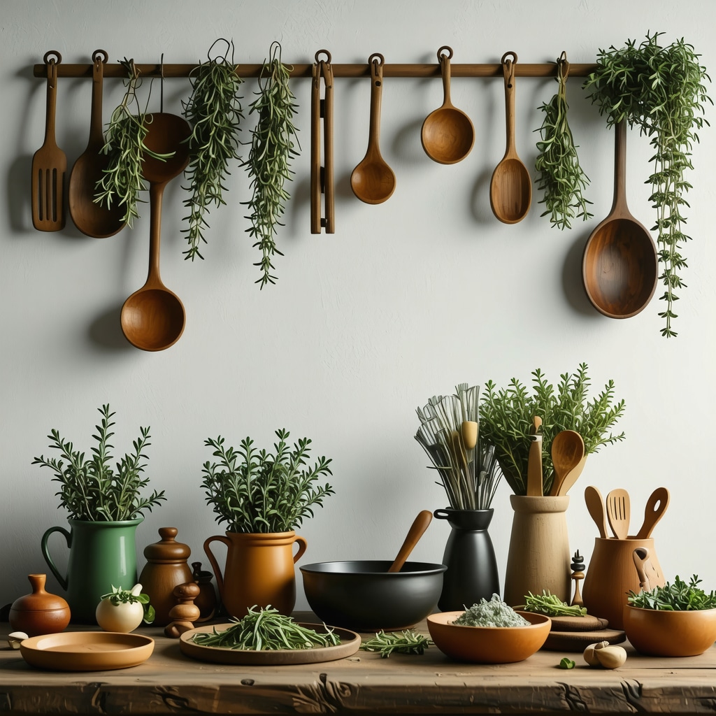 Utensilios de madera y hierbas aromáticas en una cocina tradicional iluminada naturalmente para representar la conexión entre supersticiones alimentarias y salud