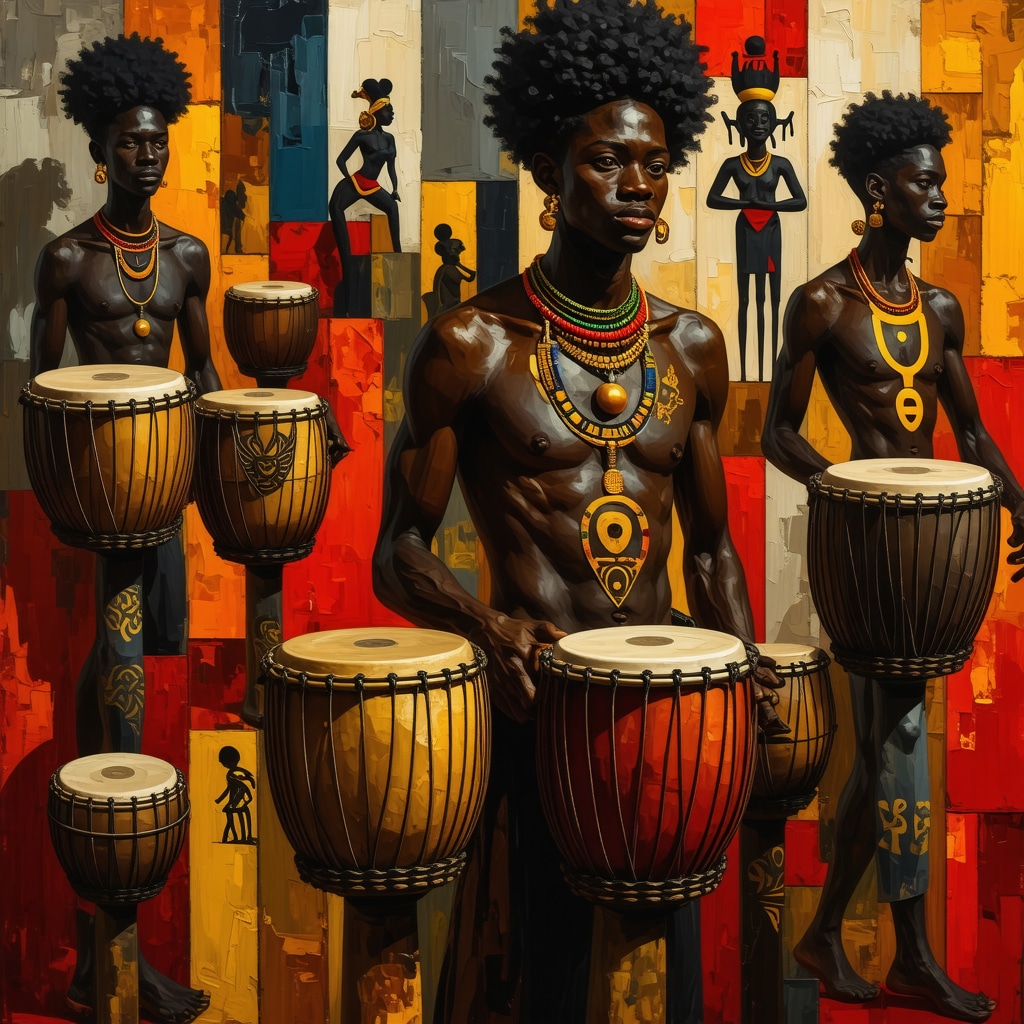 African mythological symbols blended with contemporary art and ancestral imagery