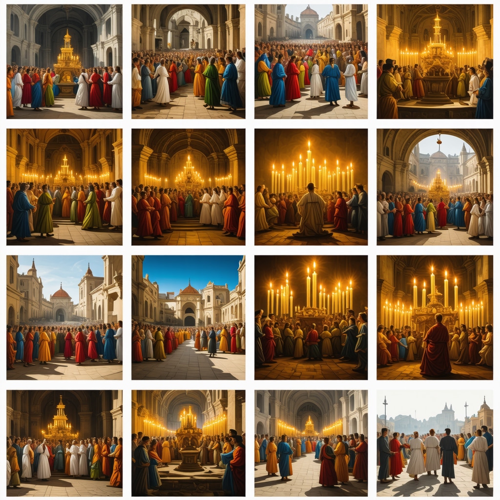 Illustration showing four-leaf clovers, chains, candles in rituals, Semana Santa, and Las Fallas festivities representing Spanish cultural symbols and rituals