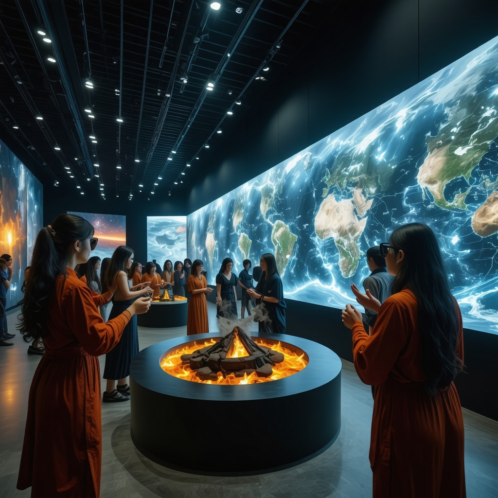 People practicing traditional earthquake rituals enhanced by augmented reality and AI technology in a modern community center