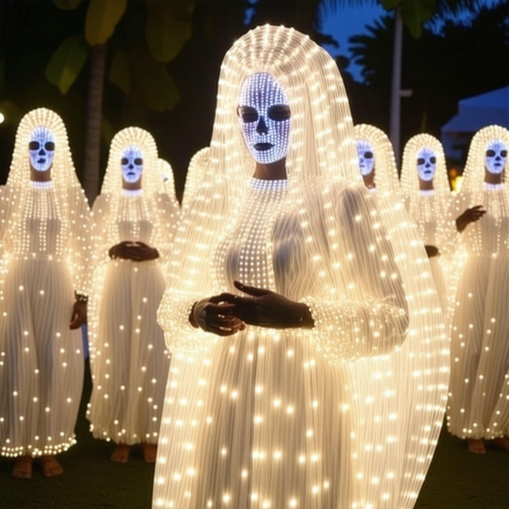 Community festival in Costa Rica with traditional Llorona costumes and modern LED lights symbolizing fusion of folklore and technology