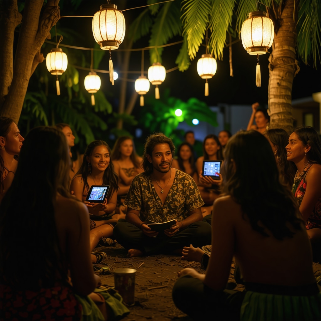 Costa Rican community storytelling session at night integrating tradition and modern technology