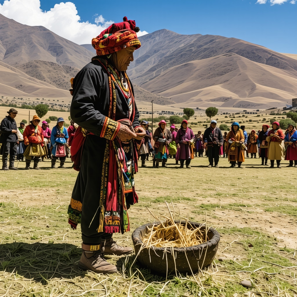 Contemporary Andean community practicing Inca rituals alongside sustainable technology in natural environment