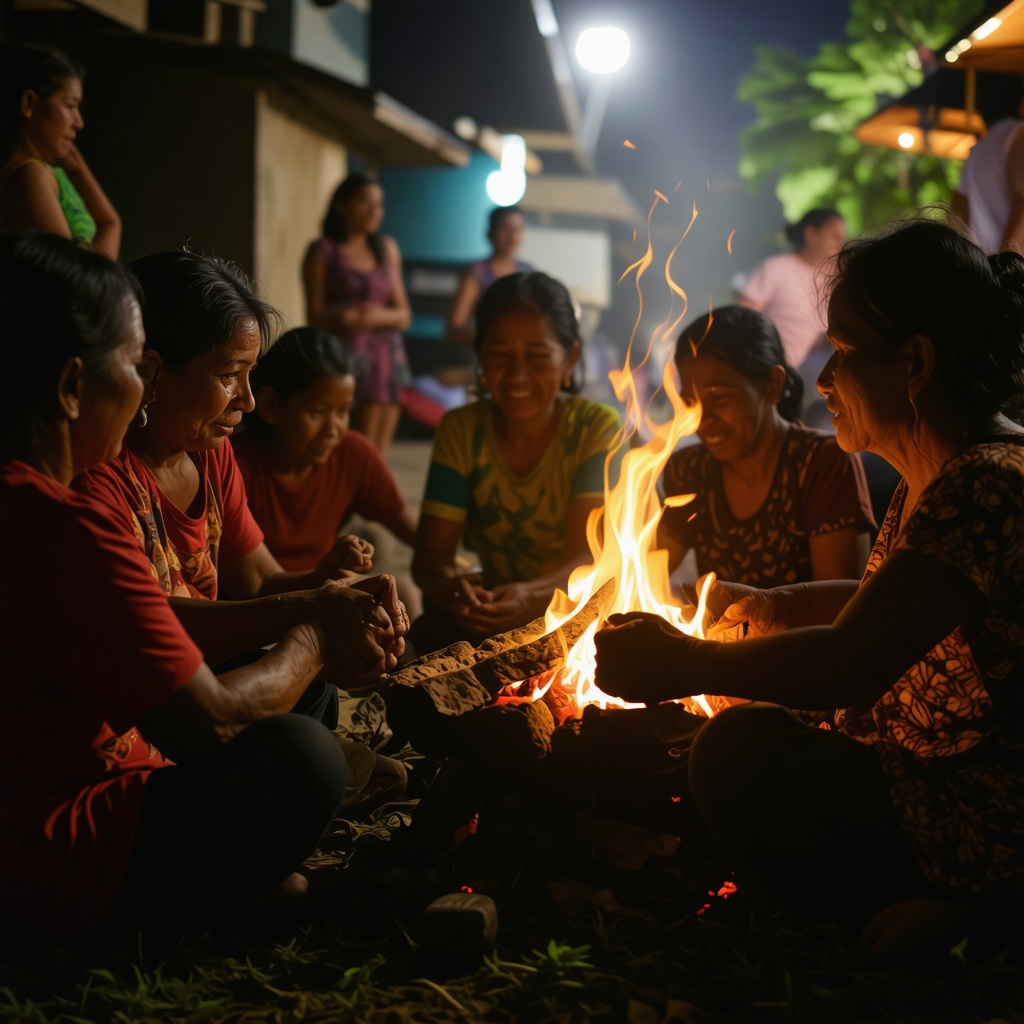 Salvadoran community storytelling urban legends at night around a campfire
