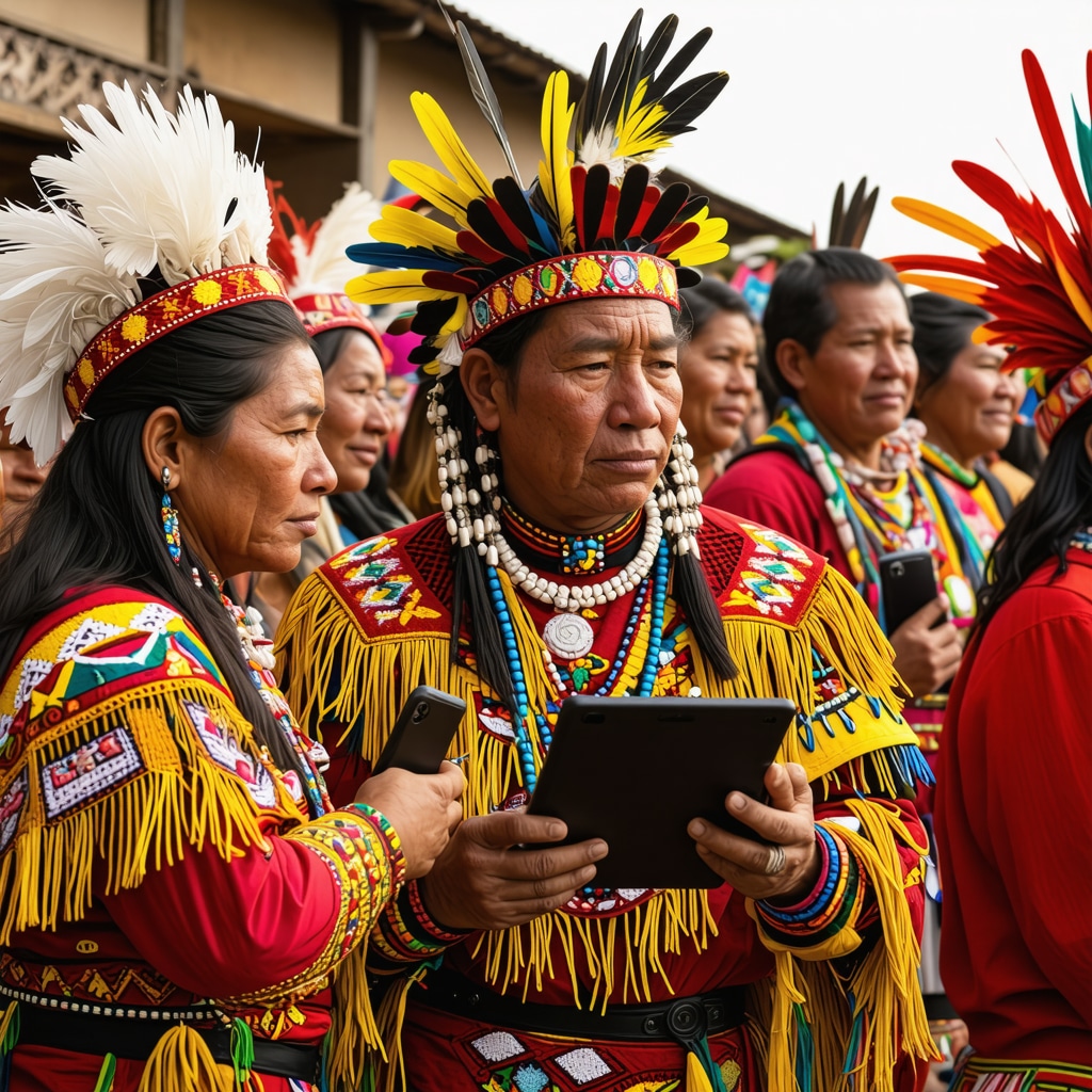Indigenous Bolivian community celebrating folklore with traditional costumes and digital devices capturing the event