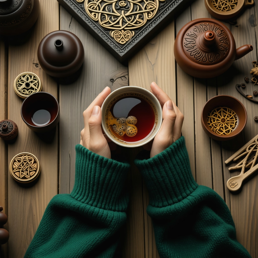 Person holding cup of tea or coffee with cultural symbols around